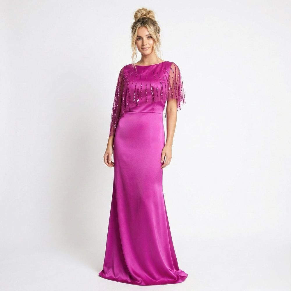 Theia NWT Magenta Satin Sequin Cape Gown 4 Modest Formal Evening Black Tie